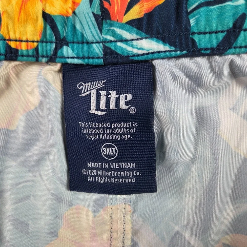 Miller Lite Floral Swim Trunk‎ Shorts Mens 3XLT Green Hawaiian Floral